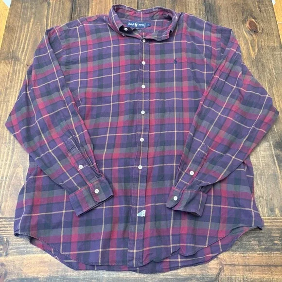 Polo Ralph Lauren Mens XL Purple Plaid Long Sleeve Button Down Shirt, vintage - Picture 2 of 5